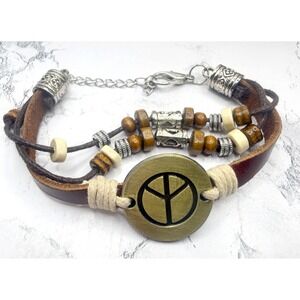Boho Leather Wrap Bracelet Peace Sign Adjustable Brown Beaded Layered
